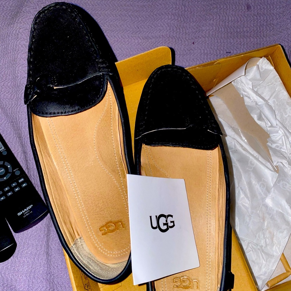 Black suede Uggs loafers
